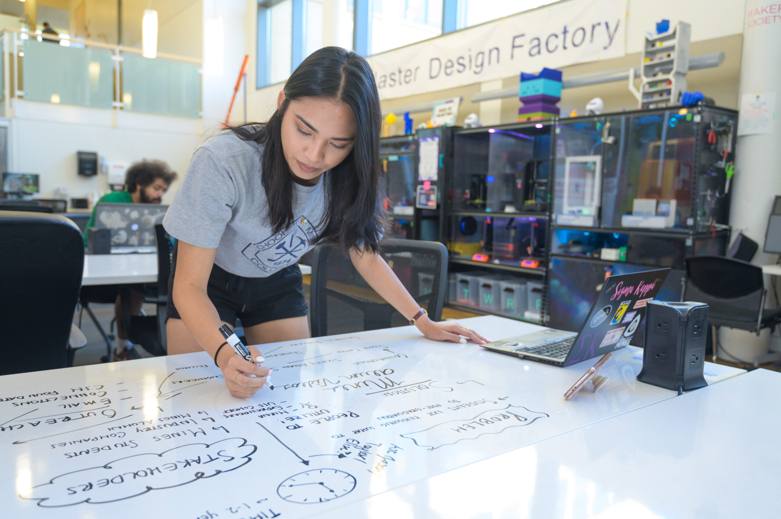 A photo of a student writing on a whiteboard in the Blaster Design Studio.